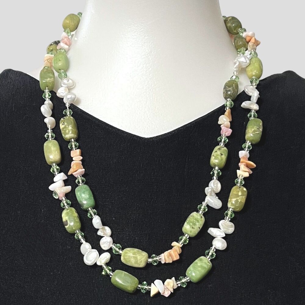 Gemstone Crystal Baroque Pearl Necklace Long Chunky Green Bead Boho Artisan 48"